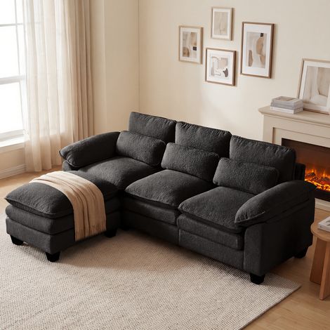 Canapé d'angle réversible 226x76x88cm,coussins doubles, canapé en L avec pouf amovible, canapé en velours Teddy 3 places Noir