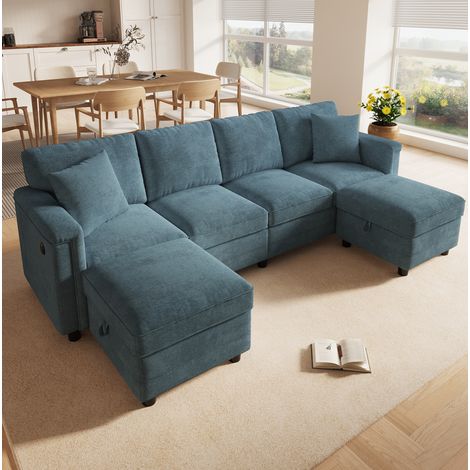 Canapé d’angle modulaire en chenille bleue, convertible en L ou en U, avec 2 poufs de rangement (1/5)