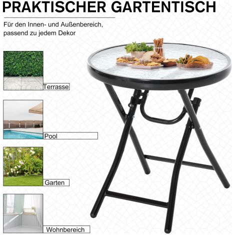 Runder Beistelltisch Klapptisch Gartentisch mit Glasplatte Ø45cm aus Metall Schwarz für Balkon & Terrasse