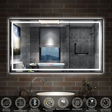 LED Badspiegel Wandspiegel Badezimmerspiegel mit 3 farben Dimmbar Bluetooth Uhr 80x60cm