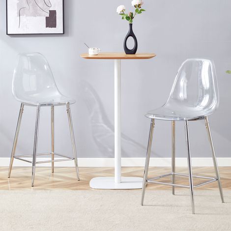 Ensemble de 2 tabourets de bar transparents en acrylique, structure métal argenté/doré/noir, design moderne pour cuisine, bar ou salle à manger (1/4)