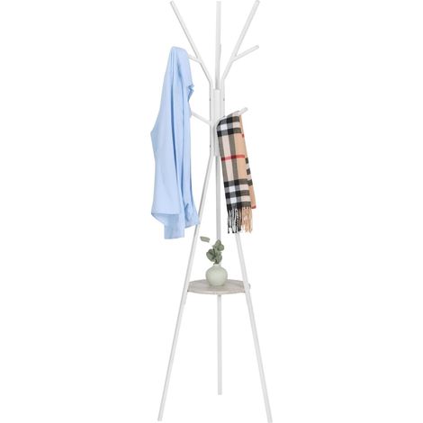 WOLTU Perchero de Pie, Perchero para Abrigos, en Forma de Árbol, Estilo Industrial, con 9 Ganchos y 1 Estantes, para Ropa, Sombrero, Bolsa, Blanco (1/5)
