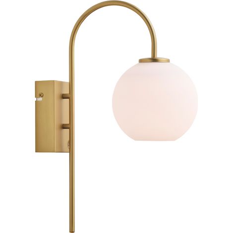 Ballon Applique Laiton Satiné, Verre Opalin, Interrupteur Sur Cordon 1x G9