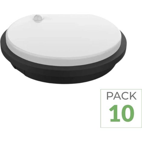 Pack de 10 - Hublot LED Extérieur Rond 10W IP54 Noir avec détecteur de mouvement - Blanc Neutre  - SILUMEN