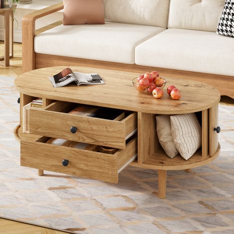 Ovale Couchtisch mit 2 Schubladen und Schiebetüren, 100 x 50 x 40 cm, Eiche HAVRYA (1/5)