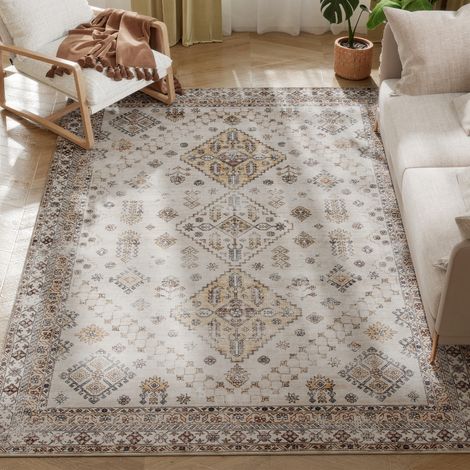 Beige Vintage Area Rug 230 x 160 cm Non-Slip Washable Flannel Carpet for Living Room Bedroom Dining Room Home Office (1/5)