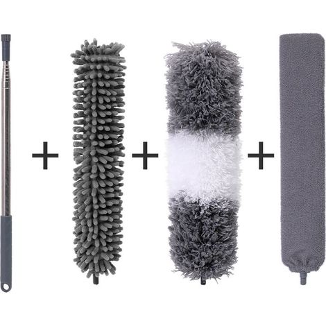 Plumeau Telescopique, Plumeau Toile D'araignée Poussière, Lavable Plumeau Microfibre avec Poignée en Acier Inoxydable pour Toile D'araignée, Ventilateur de Plafond, Stores (6 en 1,D)