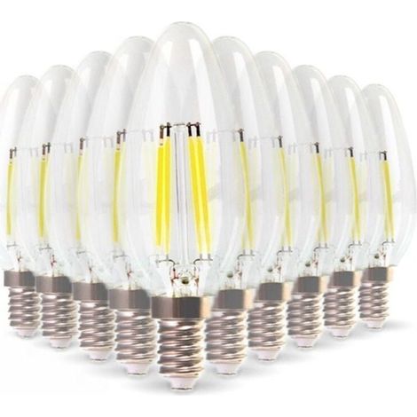 Lot de 10 Ampoules LED E14 Flamme Filament 4W Eq 40W blanc chaud 2700K