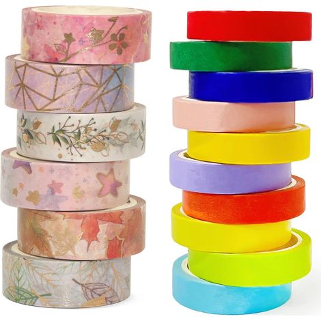Lot de 16 rouleaux de ruban adhésif décoratif Washi Tape, motifs fleurs et arc-en-ciel, idéal pour le bricolage, le Bullet Journal et l'emballage cadeau. (1/5)