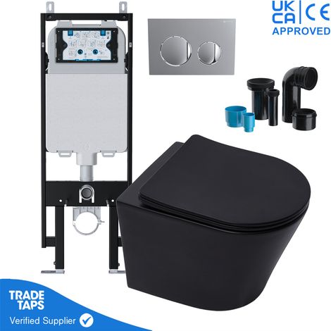 Black Wall Hung Toilet Pan Rimless with VIVA Slim Concealed Cistern Frame 1.14-1.35m & Chrome Flush Plate (1/5)