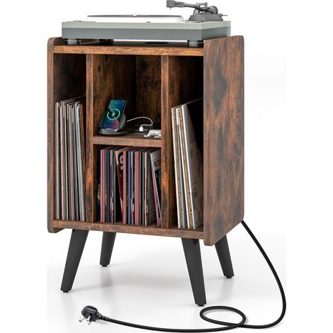 COSTWAY Record Player Stand Vinyl Record Storage Turntable Stand w/Power Outlet