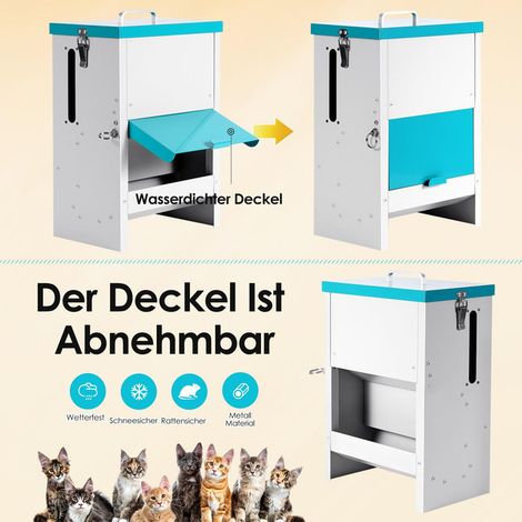 Distributeur de croquettes pour chat extérieur étanche avec toit anti-pluie, mangeoire automatique robuste en métal pour animaux de compagnie