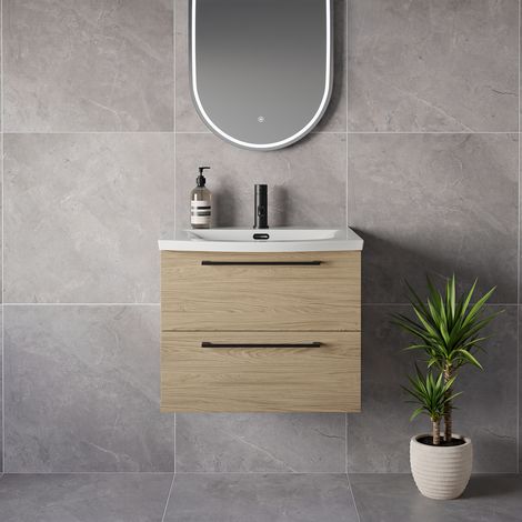 Napoli 390 Light Oak 600mm Wall Mounted 2 Drawer Vanity Unit with Arc Basin - 600mm - Matt Black 320mm Handle
