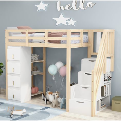 Letto rialzato bambini 90x200 cm con scala portaoggetti sicura e 4 cassetti portaoggetti, in legno, senza materasso, naturale e bianco (1/5)