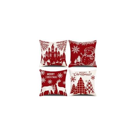 Lot de 4 Housses de Coussin Noël Bonhomme de Beige Rouge Château Modèle Décoratif Canapé Taie d'oreiller Décoration pour Chambre, canapé, Chaise, Voiture, Lit,Jardin 45 x 45 cm