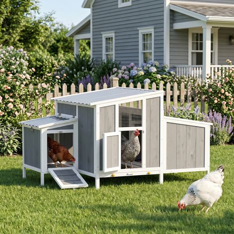 Poulailler en bois avec porte verrouillable, pondoir et toit imperméable en PET pour 3 à 4 poules. 145 x 90 x 92 cm, gris. (1/5)