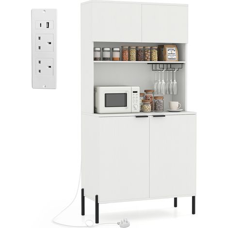 COSTWAY Kitchen Pantry Cabinet 164cm Kitchen Storage Hutch w/Power Outlets-White (1/5)