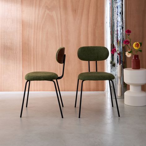 2 chaises décor bois courbé teinté noyer et tissu déperlant kaki. pieds métal noir mat - L 45 x P 55 x H 80cm - Erin
