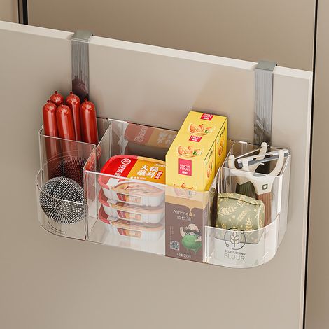 Bolsa de almacenamiento interior para puerta de armario de cocina, película de plástico, gancho trasero multifuncional para puerta de armario, cesta colgante