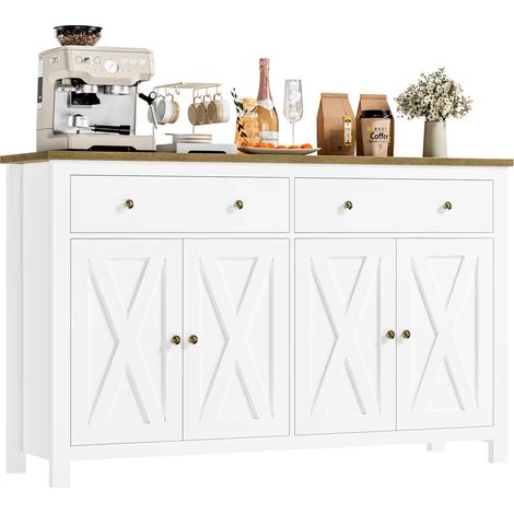Sideboard 140×40×89 cm Küchenschrank 2 Schubladen 4 Türen Buffetschrank Weiß