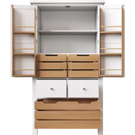 Buffet de cuisine haut 80 x 40 x 140 cm, meuble de rangement avec 2 portes et 5 tiroirs, blanc (1/5)