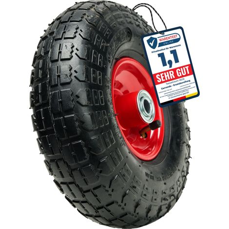 Garronda Roue de brouette 3.00-4 avec axe et roulements, pneumatique 2PR Ø 260×81 mm, jante acier peinte, valve auto, moyeu 79 mm alésage 16 mm – roue de rechange pour chariot GD-0163, Noir-Rouge