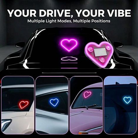 4 lampes d'ambiance en forme de cœur néon avec charge solaire USB, 5 modes d'éclairage, pour tableau de bord de voiture et décoration de fête à la maison, cadeau de fête, rose (1/5)