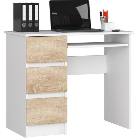 Escritorio de ordenador AKORD A6 Blanco 90 cm con lado izquierdo 3 cajones frente en color Roble Sonoma 1 estante 90x50x77 cm (1/5)