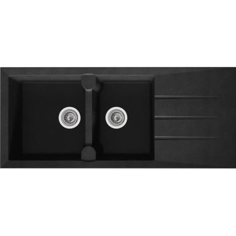 STRADOUR Evier cuisine a encastrer 2 bacs + 1 égouttoir Aloa - Résine - 116 x 50 cm - Noir (1/2)