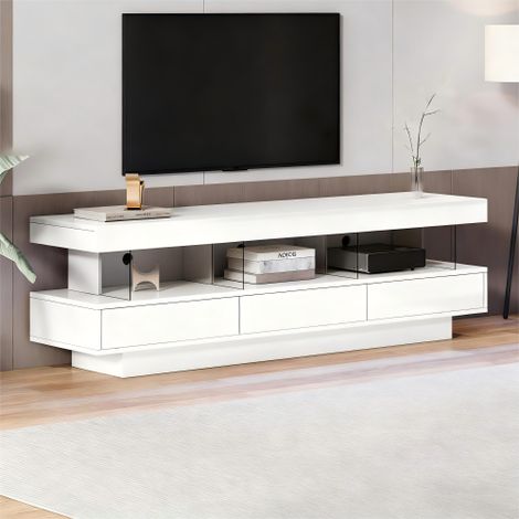 Meuble TV blanc brillant 1603850.5cm avec 3 compartiments en verre, éclairage LED, contrôle par application, pour téléviseur 70 pouces (1/5)