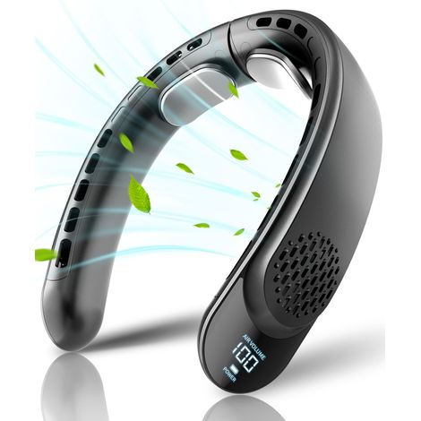 Ventilador de Cuello Portátil Inalámbrico, Ventilador Personal Recargable 360° con 4 Turbinas 3 Velocidades y Pantalla LED (1/5)