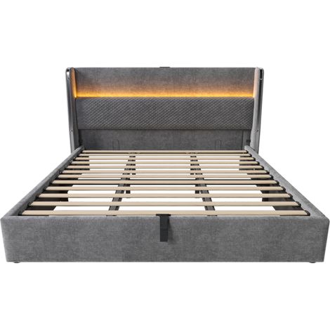 Hydraulisches Bett 180x200 cm grau mit hohem Kopfteil, LED und USB-C (1/5)
