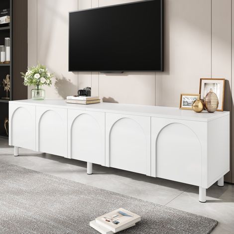 Mobile porta TV da 180 cm per soggiorno, mobile basso con 5 ante, sistema di gestione dei cavi, gambe in metallo, MDF bianco (1/5)