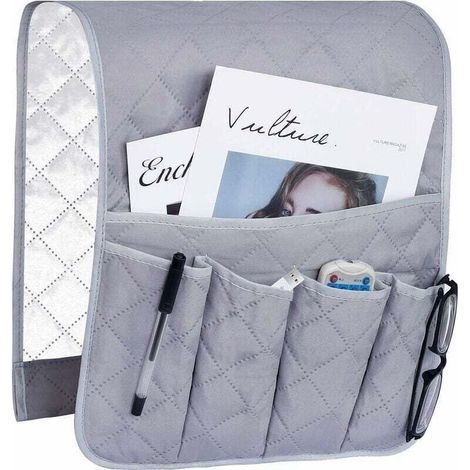 Armlehnen-Organizer für Stühle. Schutzhülle für Sofa und Sessel. Mit praktischen Hängetaschen, platzsparend. Rutschfeste Aufbewahrungstasche für Handy, Bücher, Zeitschriften und Fernbedienung. Grau (1/5)