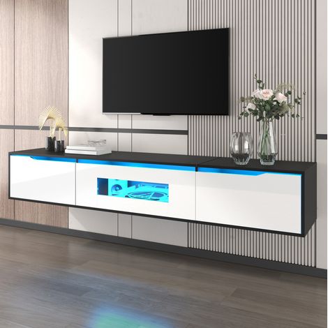 Mueble TV 180 cm con LED, almacenaje mural o de suelo, negro y blanco brillo OKMYHOME (1/5)