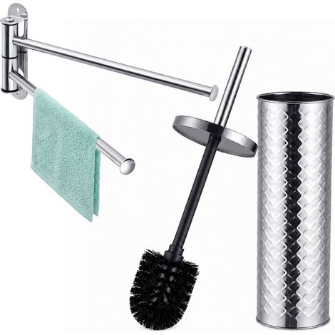 Relaxdays brosse WC avec porte-serviettes 2 bras pivotants, HxLxP: 38 x 9,5 x 9,5 cm, inox, tête remplaçable, argent
