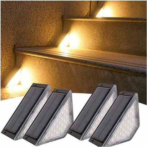 Lot de 4 lampes solaires LED pour marches (lumière chaude), luminaires d'extérieur lampes solaires étanches pour marches, adaptées aux allées, terrasses, jardins et cours.