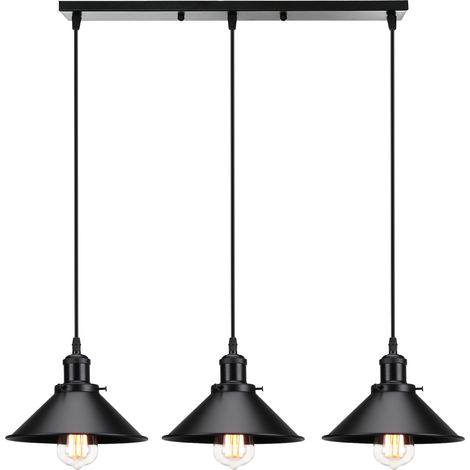 Pendant Lighting Fitting, Vintage Industial Metal Hanging Ceiling Lamp, 3-light Chandelier Fixture with Ø22cm Lampshade for Kitchen Island Living Room (All Black)