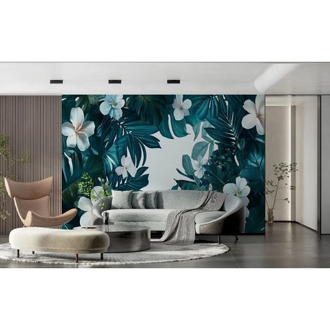 Papier Peint Tropical – Fleurs Blanches et Feuilles Sarcelle - 300 x 250 cm (1/2)