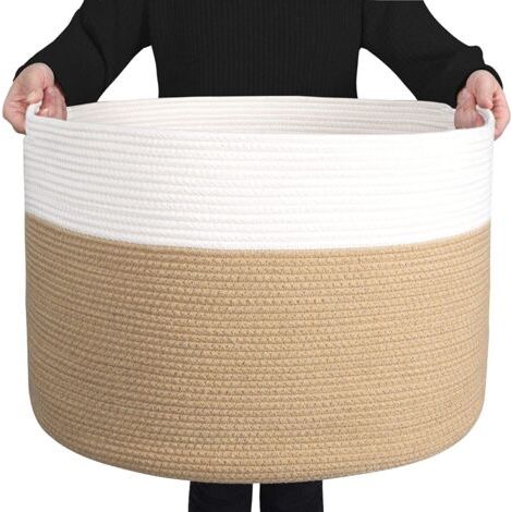 royaluxe-grand panier en corde de coton pour le salon - Panier de rangement tissé avec poignée pour couvertures, serviettes et oreillers Panier à linge - Crème et marron (55 x 35 cm) (1/5)