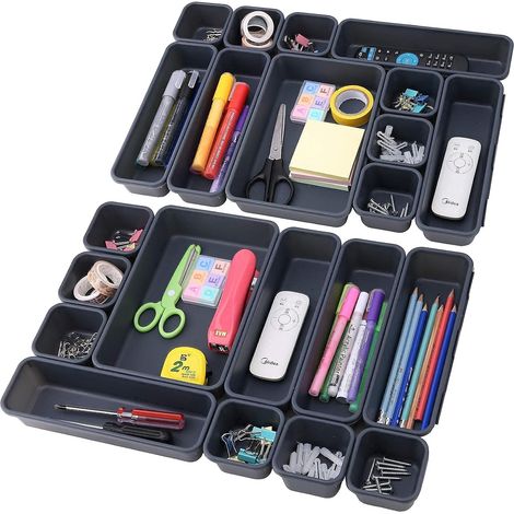 Lot de 22 organisateurs de tiroir, empilables en plastique gris foncé, 3 tailles pour bureau cuisine salle de bain (1/5)