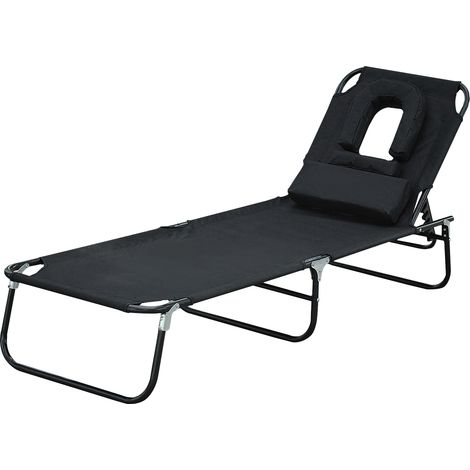 Transat noir 4 positions avec coussin et trou de lecture, 190x56x28 cm structure acier, mobilier extérieur design sobre pour jardin pratique et confortable