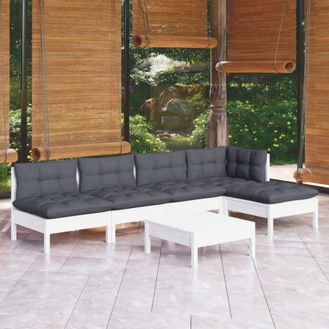 Salon de jardin 6 pcs Ensemble Table et Chaise de Jardin - avec coussins Blanc Bois de pin BV593370 - BonneVie (1/5)