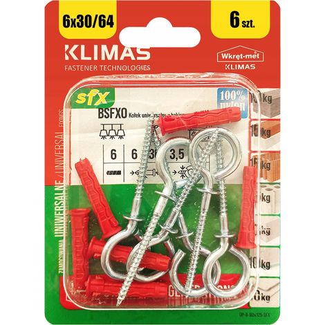Chevilles Universelles Klimas 6 x 64 Avec Crochet Oeillet, Blister De 6