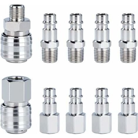 ZVD- Raccord Rapide de Compresseur 1/4"BSP Coupleur Pneumatique d'air Kit Raccords de Tuyau Connecteur Homme Femme 10 Pièces (1/4)