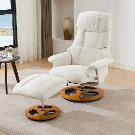 Fauteuil de relaxation confortable — Avec fonctions massage et chauffage, inclinaison et repose-pieds réglables, pivotant à 360°, tissu chenille blanc. (1/4)