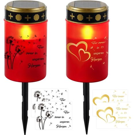 Lot de 2 lampes funéraires solaires avec 2 piquets et 4 autocollants, Lampe funéraire LED IP44 résistante aux intempéries pour extérieur, lampes solaires funéraires, bougies LED pour cimetière (1/5)