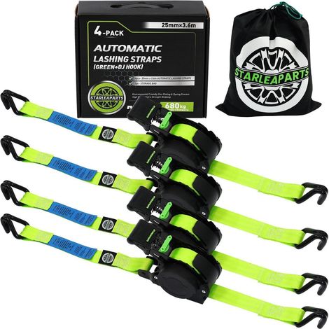 4er-Pack Automatik Spanngurte 3,6m mit J-Haken, 340kg, Grün (1/5)