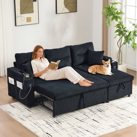 MODFU – Sofá de 3 plazas convertible de pana negra con chaise longue de almacenamiento y USB-C, función cama – Negro (1/5)