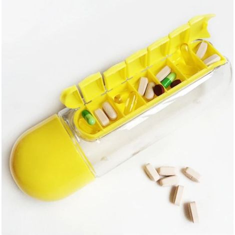 Bouteille d'eau de sport avec insert Organisateur de boîte quotidienne de 7 jours Verre à boire de qualité alimentaire de qualité médicale Jaune (1/4)
